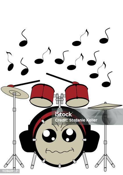 Funny Drums In Kawaii Style With Headphones Stock Illustration - Download Image Now - Emoticon, Musical Note, Art