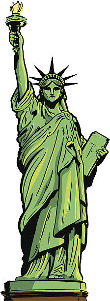 ilustraciones, imágenes clip art, dibujos animados e iconos de stock de estatua de la libertad con figura - statue manhattan monument flaming torch