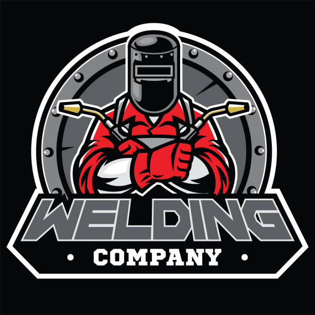 welder wearing welding helmet pose in badge vector of welder wearing welding helmet pose in badge welder stock illustrations