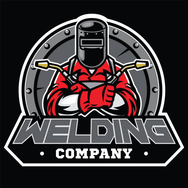 welder wearing welding helmet pose in badge vector of welder wearing welding helmet pose in badge welding torch stock illustrations