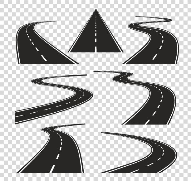 ilustraciones, imágenes clip art, dibujos animados e iconos de stock de caminos en perspectiva. doblado vía carretera curvada calle de la ciudad horizonte. vector aislado de carretera de asfalto de viaje - two lane highway illustrations