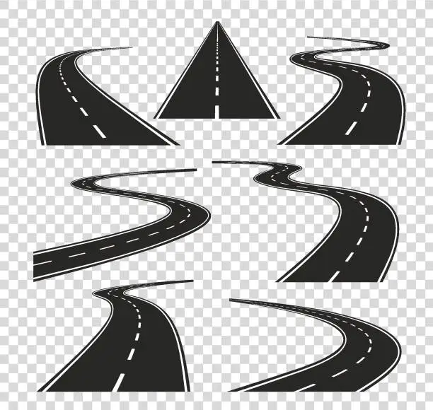 Vector illustration of Roads in perspective. Bended pathway road curved city street to horizon. Journey asphalt highway isolated vector