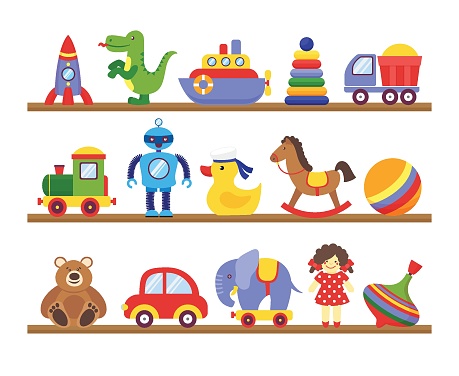 Toys on shelves. Cartoon toy on baby shopping wooden shelf. Dinosaur robot car doll isolated vector set