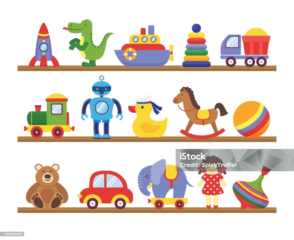 Toys On Shelves Cartoon Toy On Baby Shopping Wooden Shelf Dinosaur Robot Car  Doll Isolated Vector Stock Illustration - Download Image Now - iStock