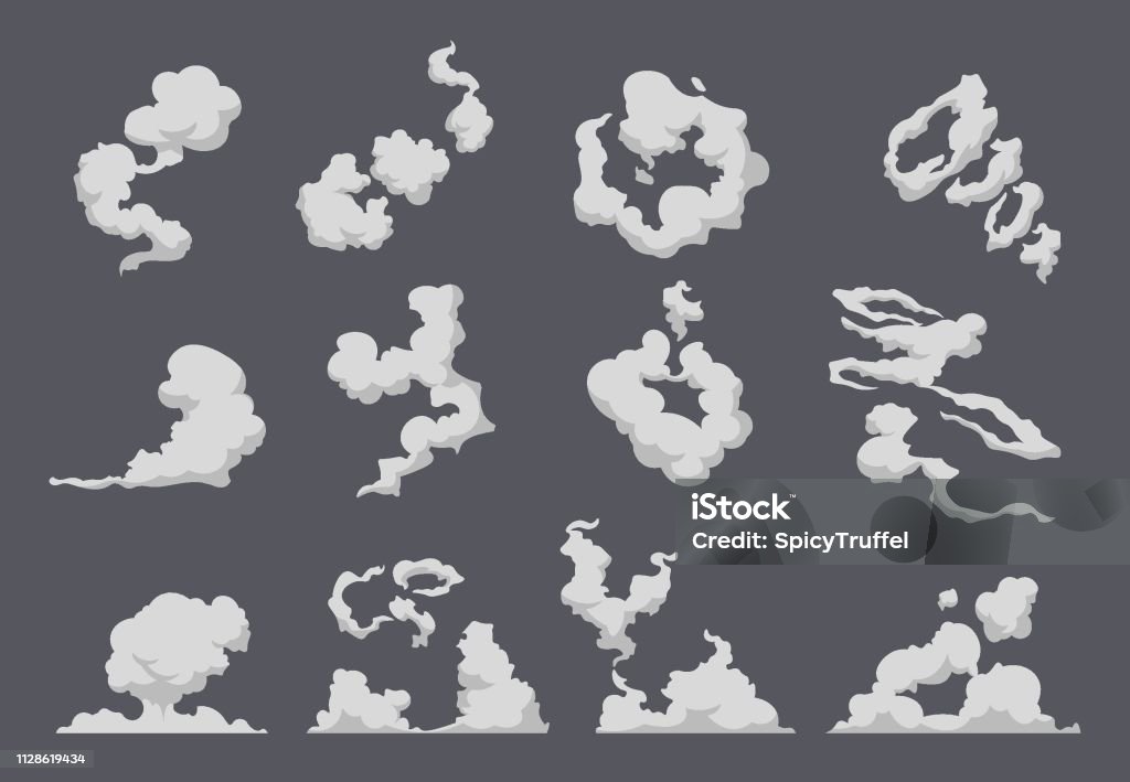 Cartoon smoke cloud. Comic steam explosion dust fight animation fog movement smog motion game smoke. Vector gas blast Cartoon smoke cloud. Comic steam explosion dust fight animation fog movement smog motion game smoke. Vector gas blast set Smoke - Physical Structure stock vector