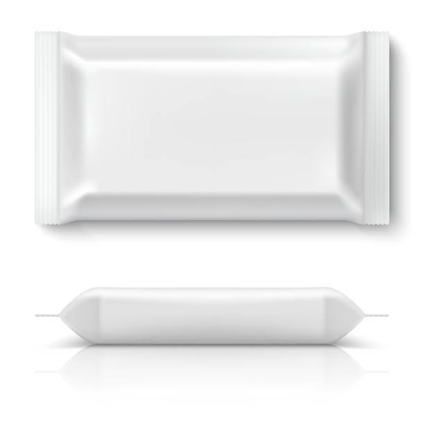 Realistic flow pack. Realistic white food package cookie pillow foil blank snack biscuit plastic packages mock up. 3D template Realistic flow pack. Realistic white food package cookie pillow foil blank snack biscuit plastic packages mock up. Vector 3D template tissue box pattern stock illustrations