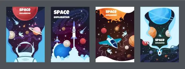 Vector illustration of Cartoon space banners. Galaxy universe science child astronaut modern planet poster study banner. Vector brochure space