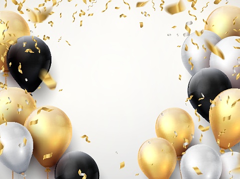 Celebration banner. Happy birthday party background with golden ribbons, confetti and balloons. Vector realistic anniversary poster