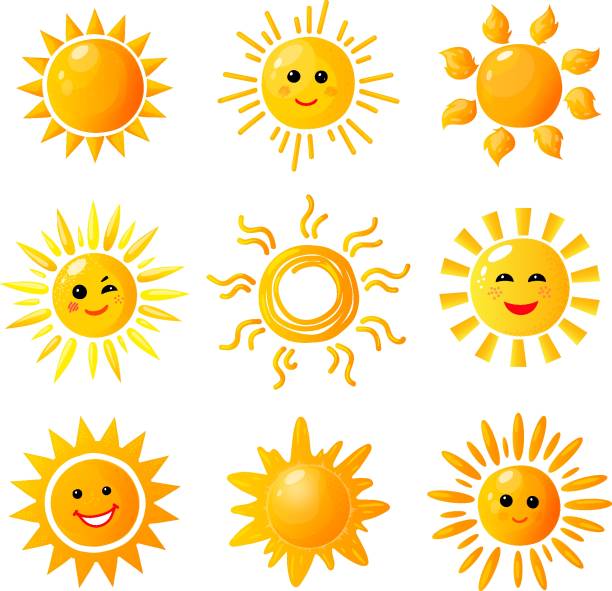 ilustrações, clipart, desenhos animados e ícones de sol bonito. mão-extraídas sol. nascer do sol da manhã de verão. doodle vector aquecimento ícones de alegria - backgrounds sunbeam horizontal spring