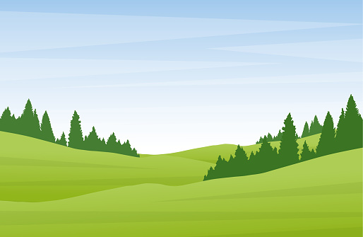 Flat cartoon summer landscape with green hills and pine forest.