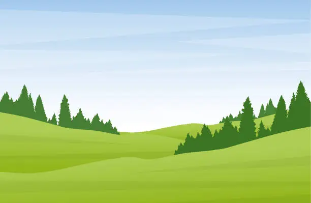 Vector illustration of Vector illustration: Flat cartoon summer landscape with green hills and pine forest.