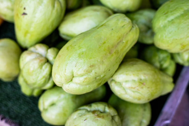 istock Green Chayote on Fruit tray background in Thai Market. 1128621601