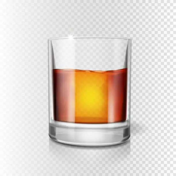 Vector illustration of Scotch whiskey or rum, brandy shot glass, Realistic illustration.