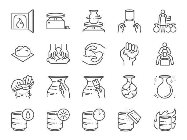 ilustraciones, imágenes clip art, dibujos animados e iconos de stock de conjunto de iconos de la línea de cerámica. incluye iconos como arcilla, terracota, cerámica, porcelana, escultura y más. - sculpture