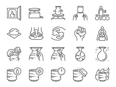 Pottery line icon set. Included icons as clay, terra-cotta, ceramics, porcelain
, sculpture and more.