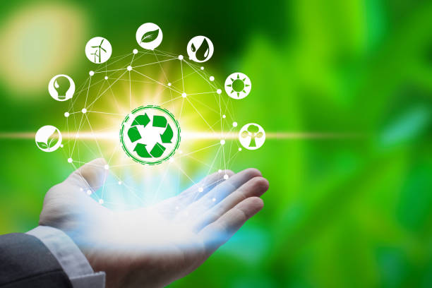 istock Hand holding with environment icons over the Network connection on nature background 1128624255