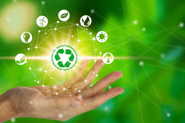 istock Hand holding with environment icons over the Network connection on nature background 1128624277