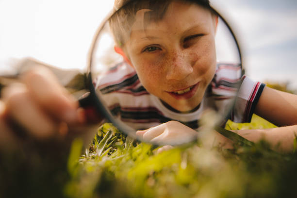 мальчик, смотрящ через увеличительное стекло - searching child curiosity discovery стоковые фото и изображения