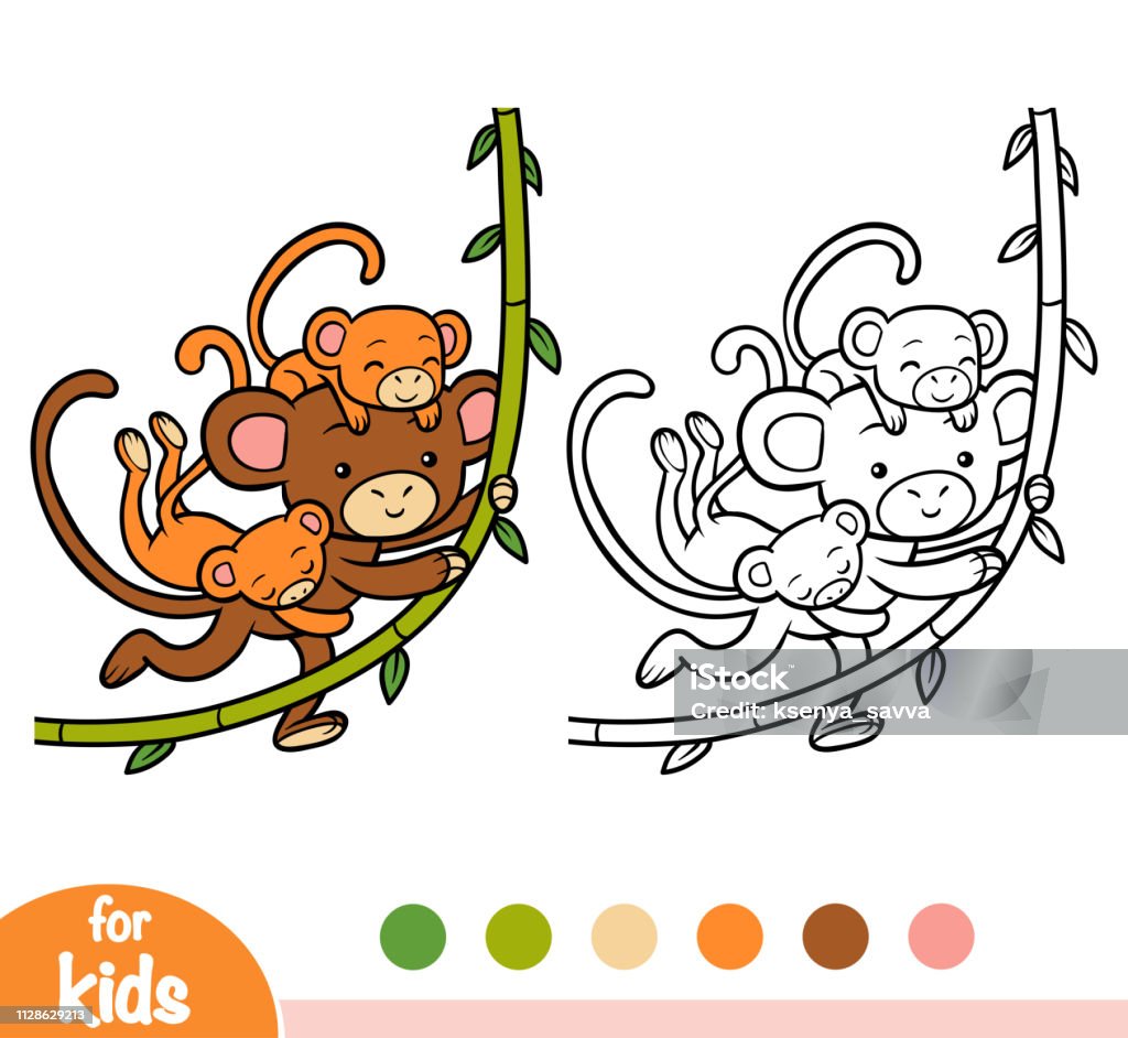 Coloring book, family of monkeys Coloring book for children, family of monkeys Animal stock vector