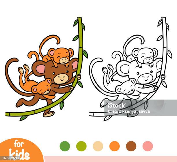 Coloring Book Family Of Monkeys Stock Illustration - Download Image Now - Animal, Animal Family, Animal Wildlife