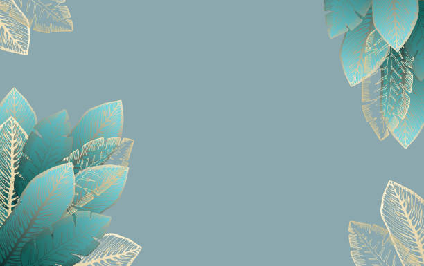 illustrazioni stock, clip art, cartoni animati e icone di tendenza di cornice blu pallido con foglie tropicali dorate - spa