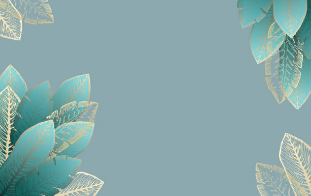 Pale blue frame with golden tropical leaves Pale blue rectangular background with bright turquoise and golden tropical leaves. Summer exotic leaf frame for birthday greeting cards, banner design, wedding decoration idyllic stock illustrations