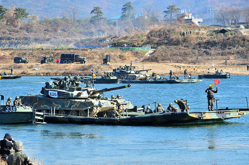 The 11th Division of the Korean Army is training a assault river crossing at Namhangang river in Yeoju, South Korea, on November 12, 2014.