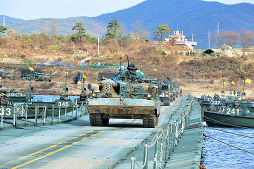 The 11th Division of the Korean Army is training a assault river crossing at Namhangang river in Yeoju, South Korea, on November 12, 2014.