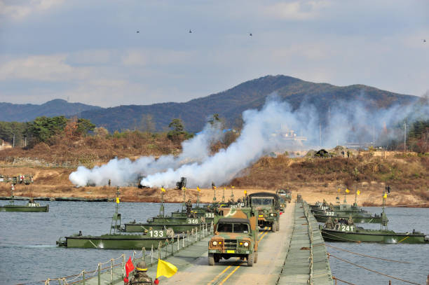 The 11th Division of the Korean Army is training a assault river crossing at Namhangang river in Yeoju, South Korea, on November 12, 2014.