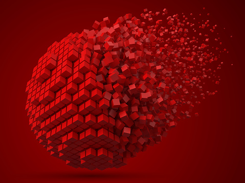 dissolving spherical data block. made with red cubes. 3d pixel style vector illustration. suitable for blockchain, technology, computer and abstract themes.