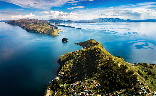 Island of the sun at lake Titicaca in Bolivia aerial panoramic view
