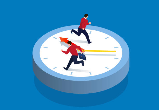 Two businessmen running on the clock Two businessmen running on the clock speed illustrations stock illustrations