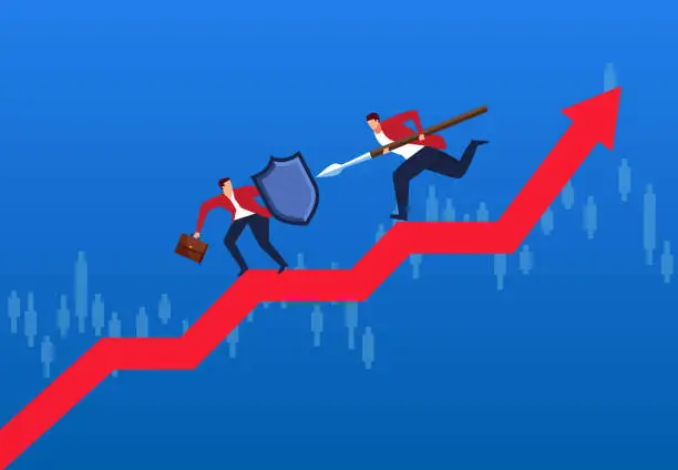 Vector illustration of Two businessmen fighting on arrows, financial trade war and stock market analysis