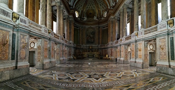 Caserta, Campania, Italy - February 3, 2019: Panoramic photo of the Palatine Chapel of the Reggia
