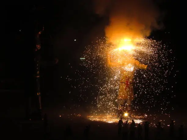 Dussehra festival celebration in India with burning effigy of Ravana