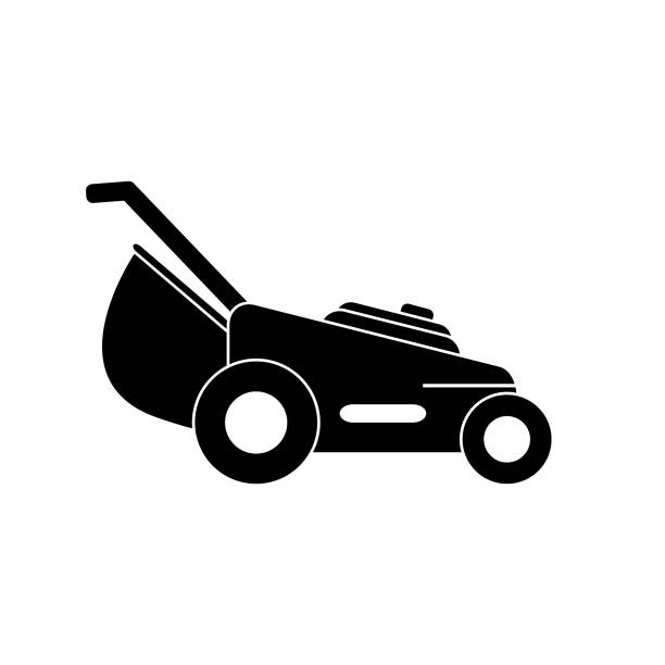 Lawn mower with bag vector icon, gardening icon Simple vector illustration design of a lawnmower icon mower blade stock illustrations