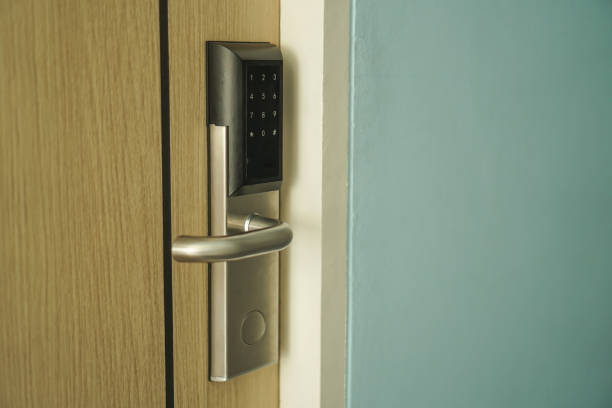 istock Smart door key lock system in home,with IOT, internet of things,smart city and network connect concept 1128636090