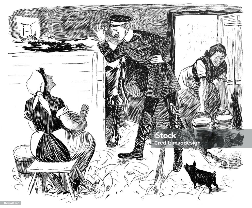 Visiting an officer in a barn - 1896 1895 stock illustration