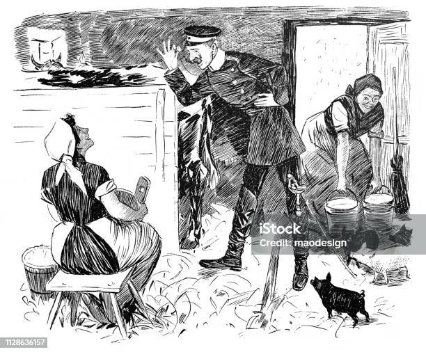 Visiting An Officer In A Barn 1896 Stock Illustration - Download Image Now - 1895, 19th Century, 19th Century Style