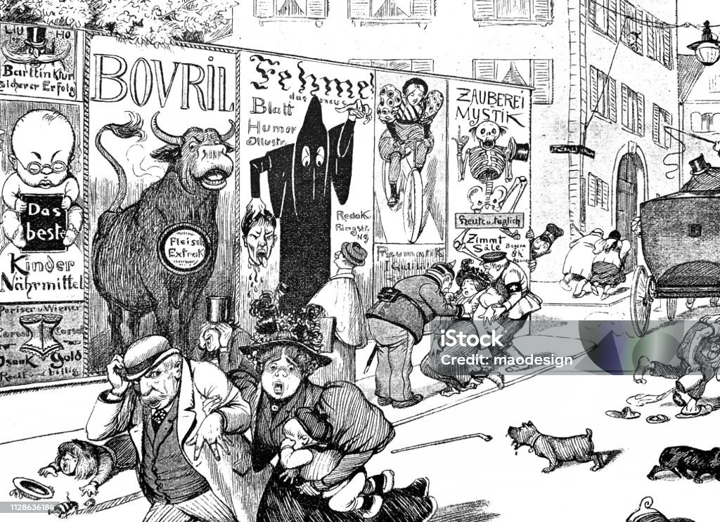 Panic on the street due to scary advertising - 1896 Panic on the street due to scary advertising - 1896 . Text on ads are generic. 1895 stock illustration