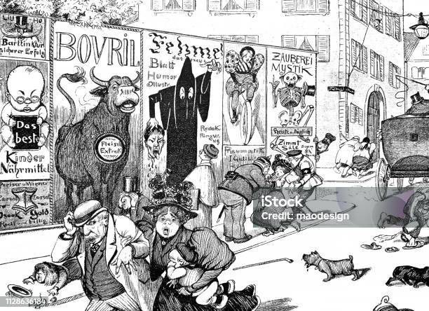 Panic On The Street Due To Scary Advertising 1896 Stock Illustration - Download Image Now