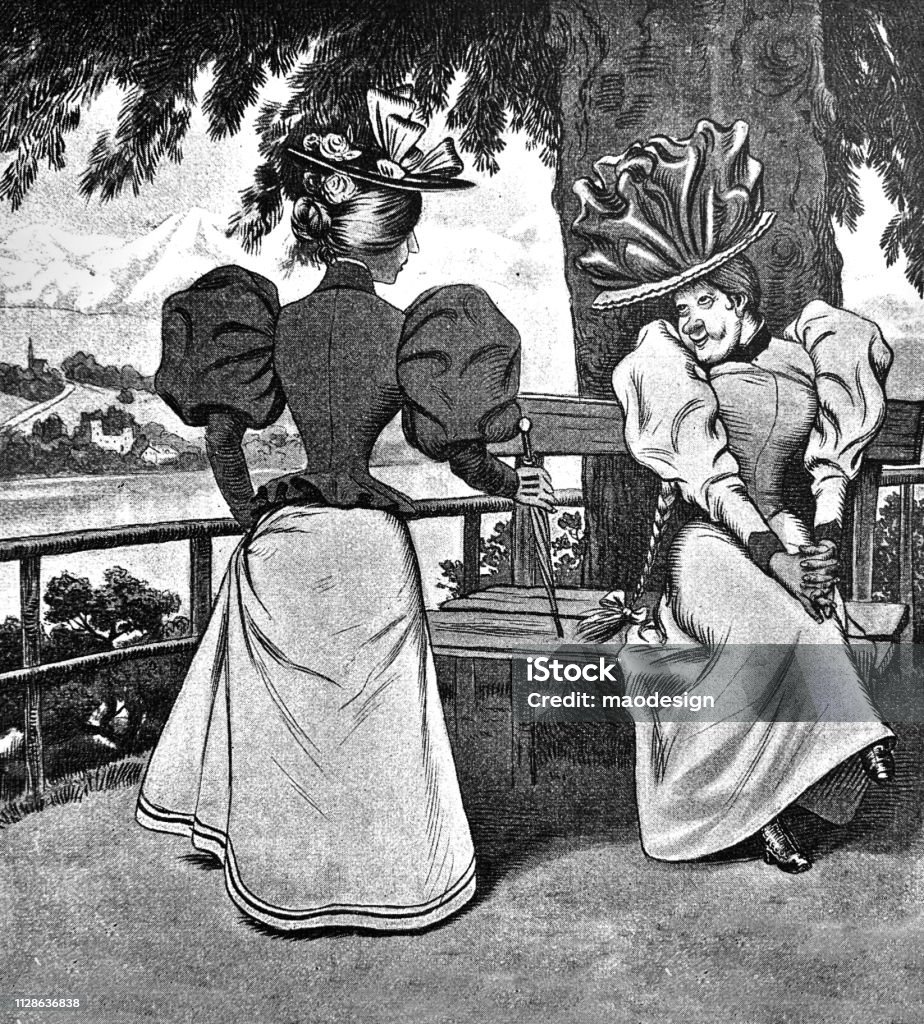 Two cheerful women in the park - 1896 Illustration stock illustration
