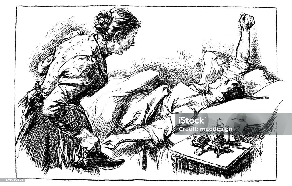 Woman wakes up the late man - 1896 Victorian Style stock illustration