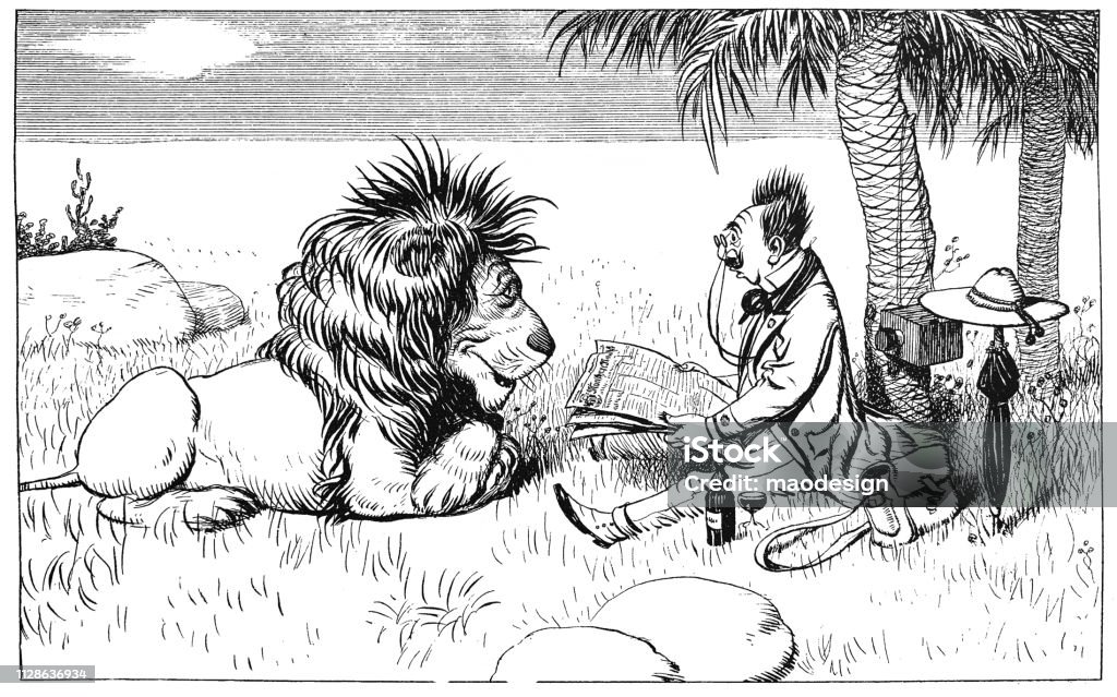 Tourist reads news from the world to the lion. Funny scene - 1896 Cartoon stock illustration