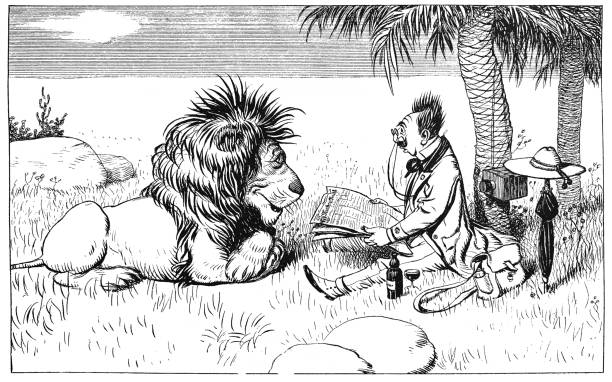 Tourist reads news from the world to the lion. Funny scene - 1896 vector art illustration
