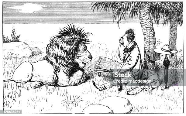 Tourist Reads News From The World To The Lion Funny Scene 1896 Stock Illustration - Download Image Now