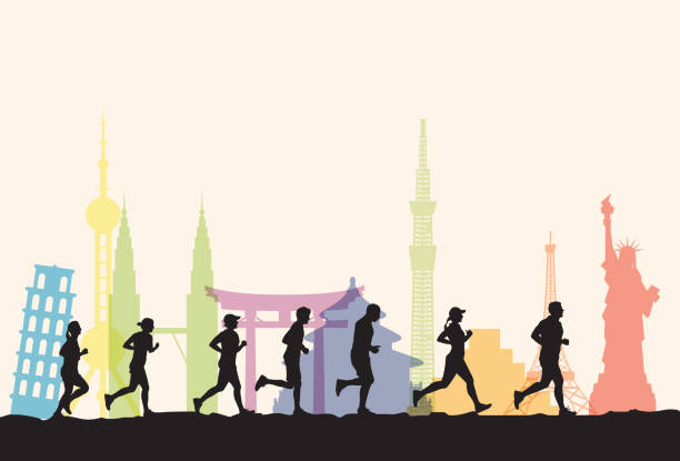 유명 명소를 배경으로 실행 하는 사람들의 실루엣 - silhouette jogging running backgrounds stock illustrations