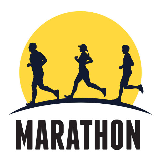 sylwetka osób biegających maraton, wektor - sun people jogging sunset stock illustrations
