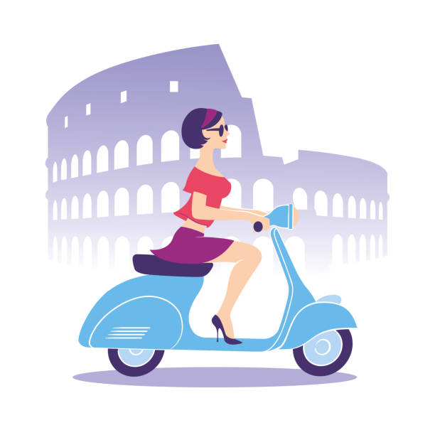 ilustraciones, imágenes clip art, dibujos animados e iconos de stock de hermosa chica con scooter - italian culture rome europe cartoon