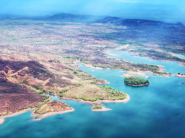 Aerial view of Lake Kariba, Zimbabwe Man made lake , 226 km long and 40 km wide, located on the border between Zambia and Zimbabwe. lake kariba stock pictures, royalty-free photos & images